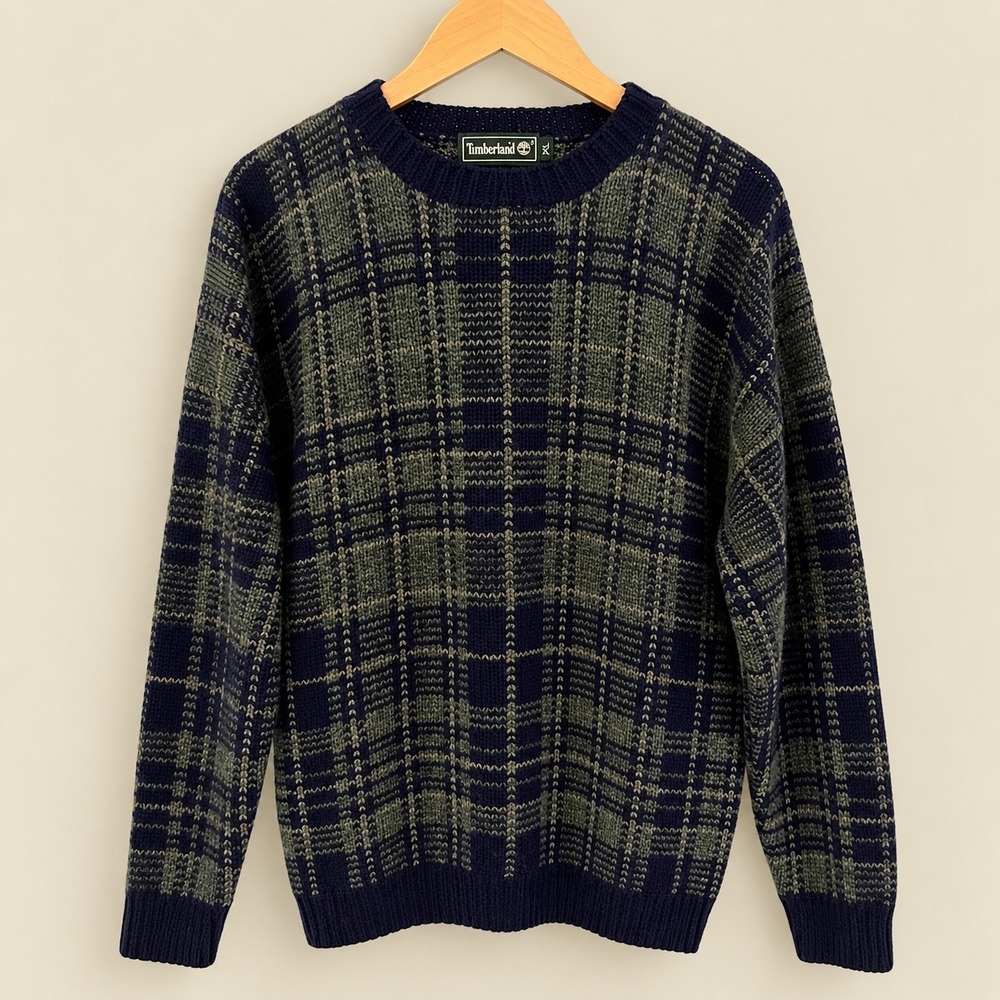 Timberland Handknit 100% Wool Plaid Sweater XL Navy Green Crewneck Grandpacore